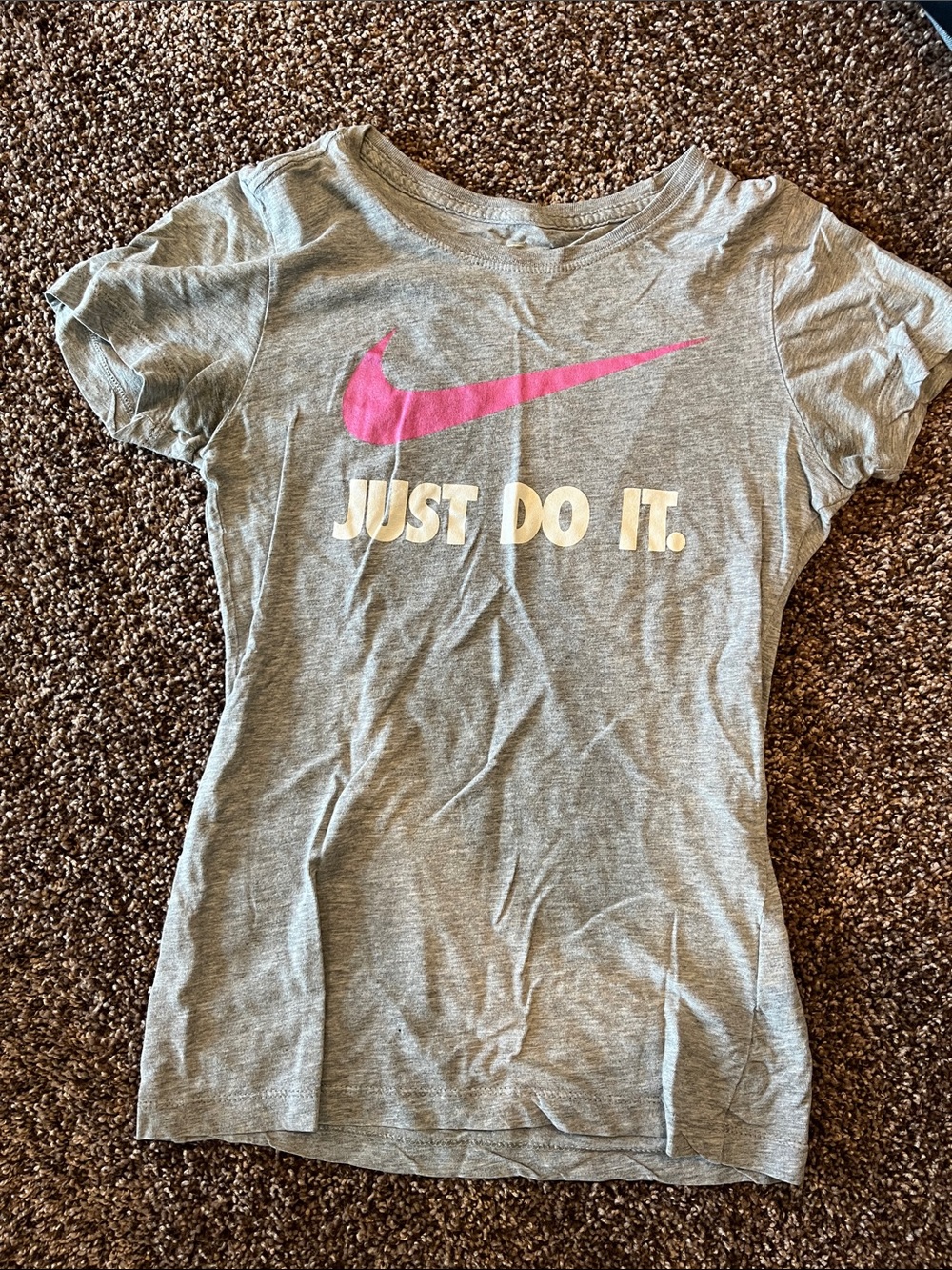 Nike Gray Tee with Pink Swoosh and White 'Just Do It.'